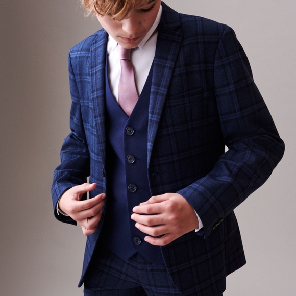 7Y Next Navy Blue Skinny Fit Check Blazer - Picture 9 of 11